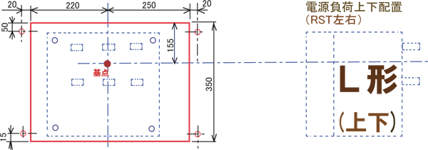 既設VCB（主回路端子の電源側負荷側が上下配置）の固定パネルへの開口加工寸法